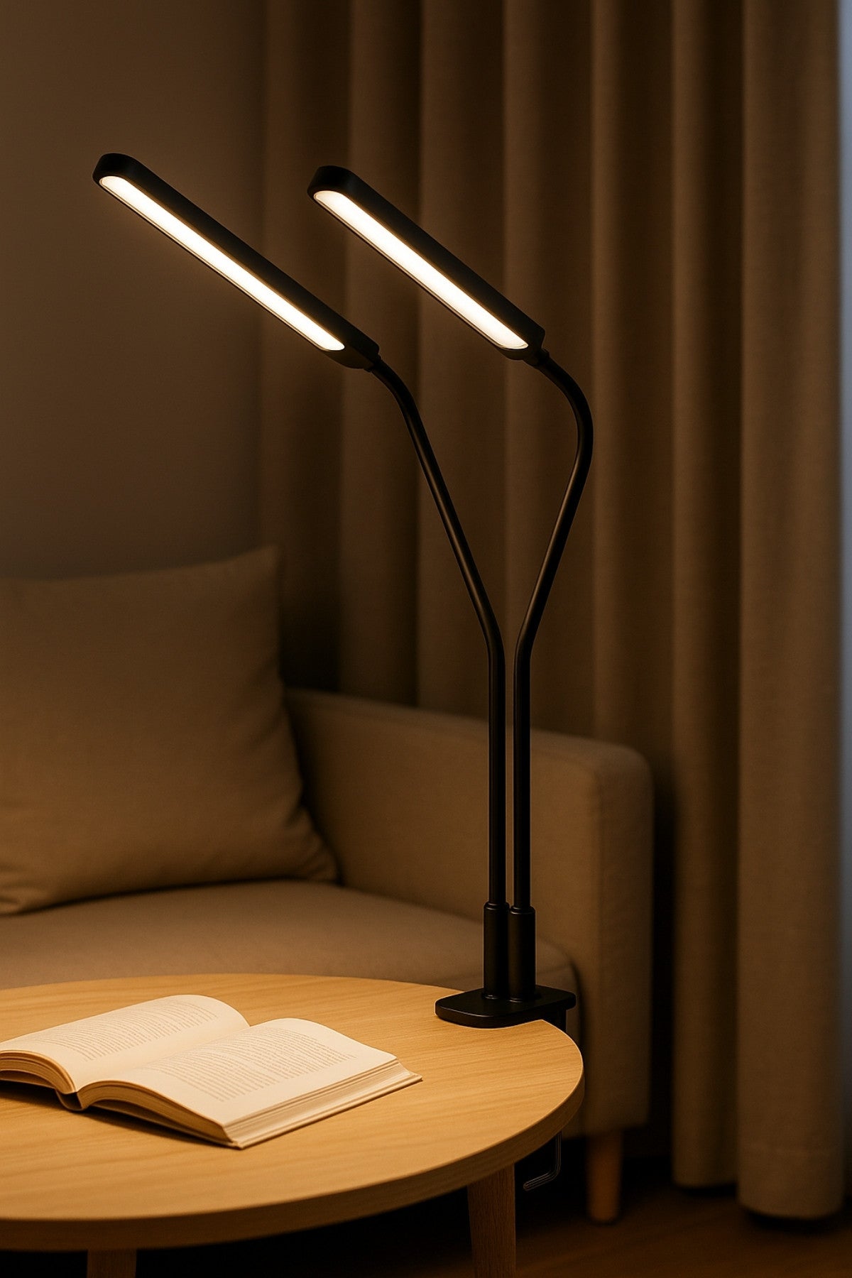 Lampe de bureau LED à pince double-tête — 3 modes couleur & 10 niveaux d’intensité