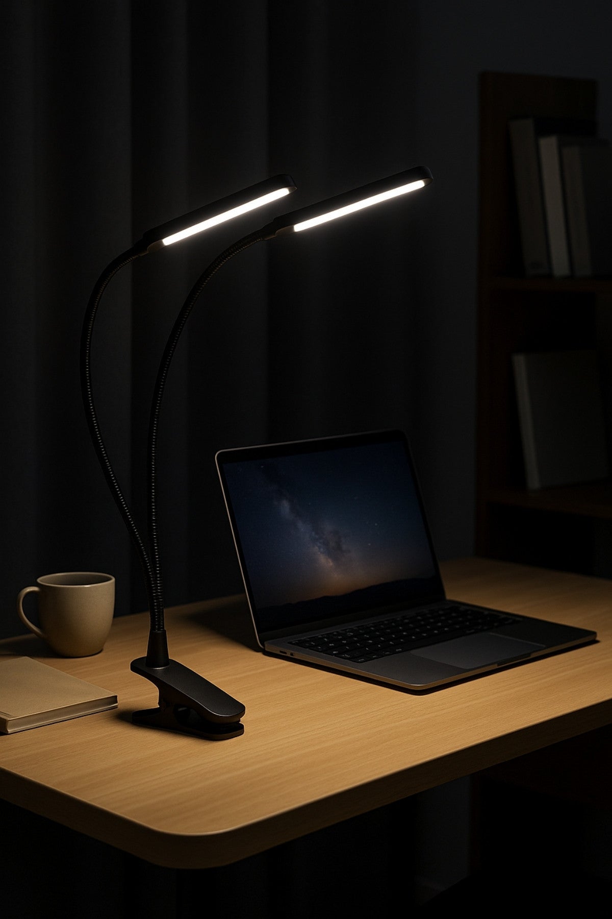 Lampe de bureau LED à pince double-tête — 3 modes couleur & 10 niveaux d’intensité